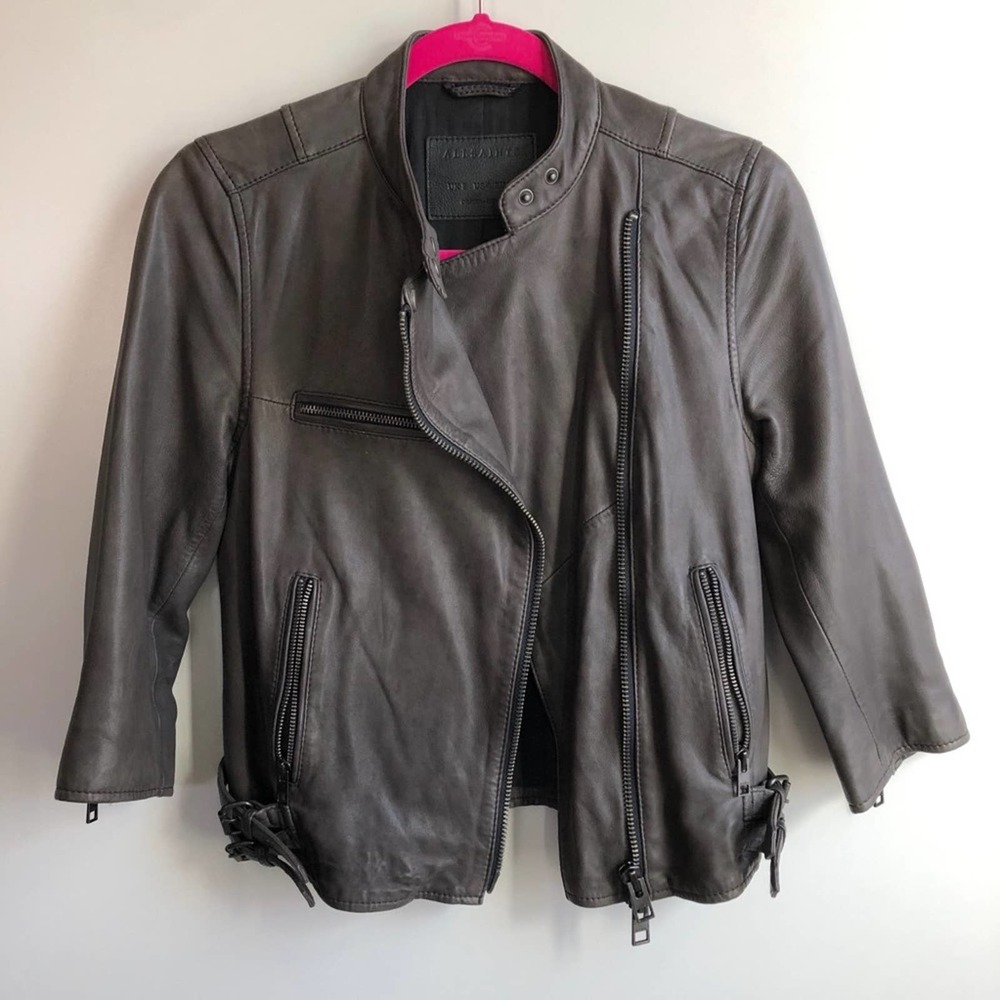 AllSaints Turne Biker Leather Jacket Cropped Grey